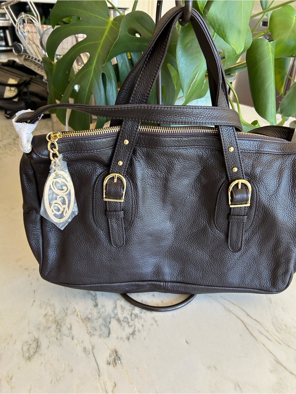 Onna Ehrlich Dark Brown Pebbled Leather Satchel with Gold Hardware